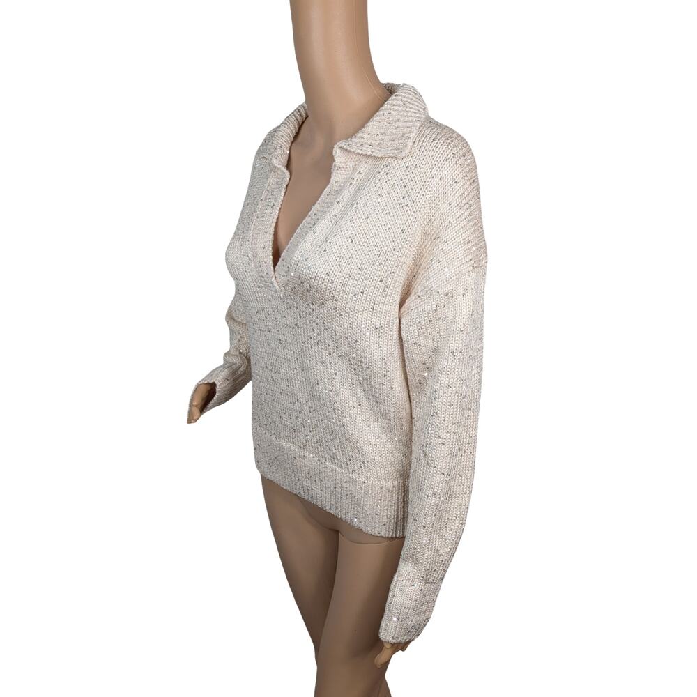 J Crew Sequin Polo Sweater XS Ivory Silver Stardust Chunky Knit Holiday Ribbed - Picture 9 of 13